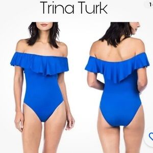 Trina Turk Monaco Solids Off Shoulder Ruffle One Piece Swimsuit